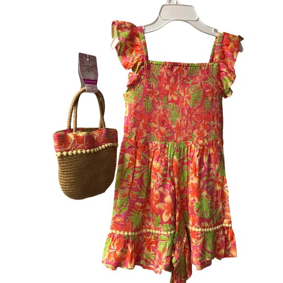 Tommy Bahama Girls‎ Floral Romper Dress & Straw Purse Set - Tropical Print 7 NWT - Picture 10 of 11